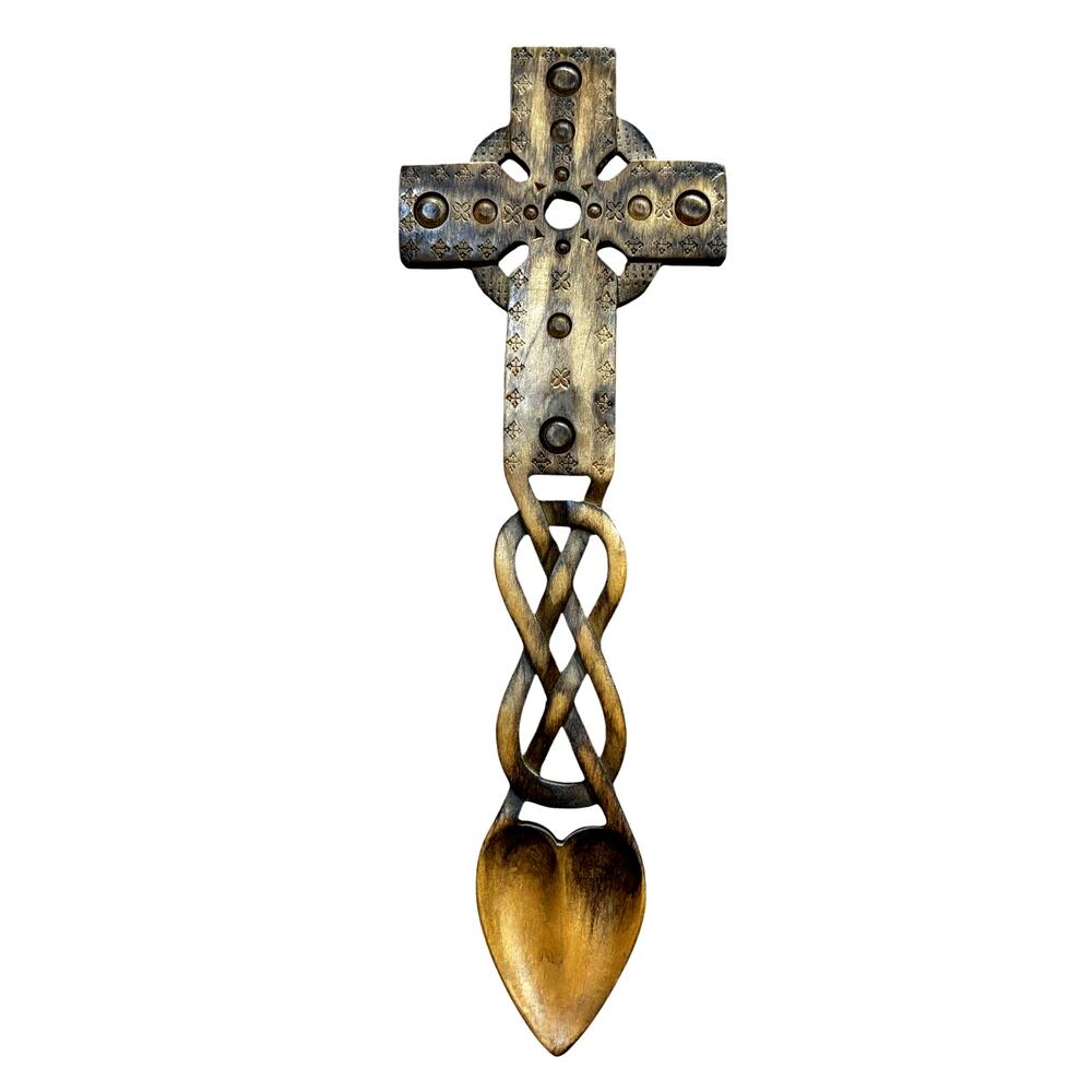 Welsh Celtic love wedding marriage spoon light brown hand carved wood wall decor